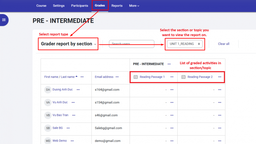 Score report by section topic